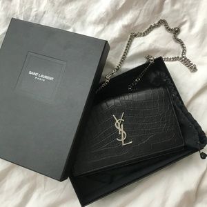 YSL Monogram Chain Wallet Purse Crocodile Leather